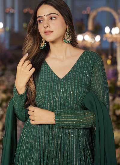 Green Faux Georgette Sequins Readymade Gown