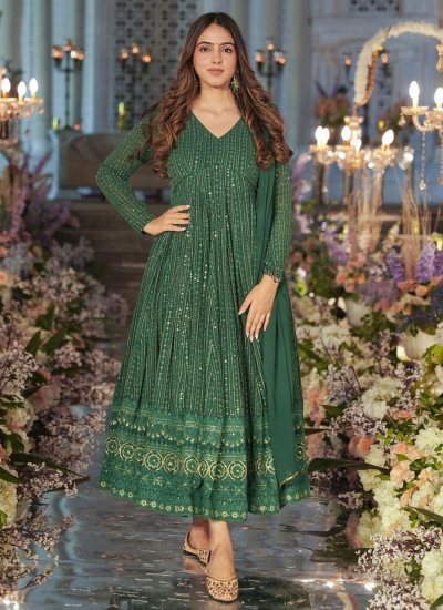 Green Faux Georgette Sequins Readymade Gown