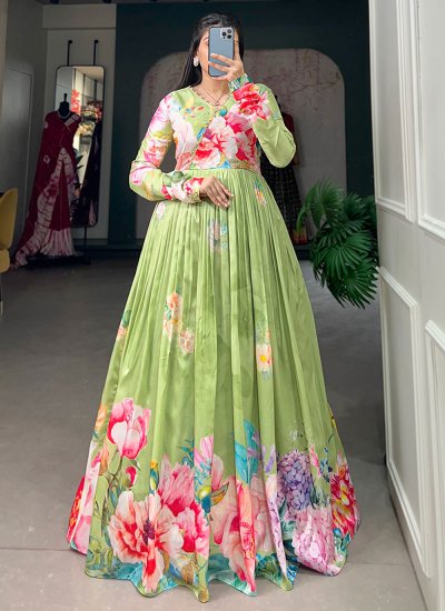 Green Floral Print Festival Gown 