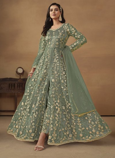 Green Net Embroidered Pant Style Suit
