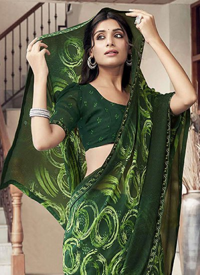 Green Printed Georgette Trendy Saree