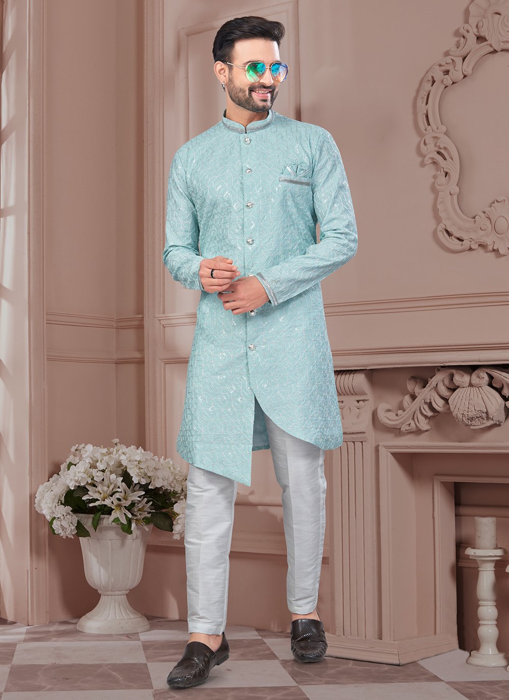 Green Silk Machine Embroidery Indo Western Sherwani -