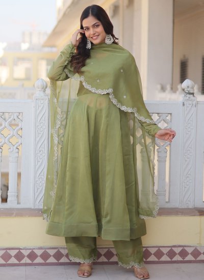 Green Silk Plain Trendy Salwar Kameez