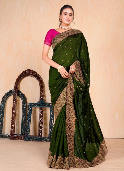 Green Vichitra Silk Ceremonial Contemporary Saree