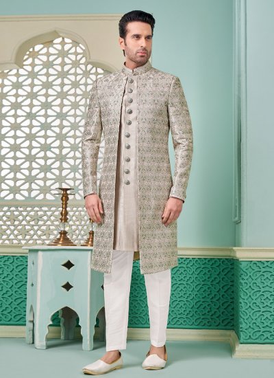 Grey and Multi Colour Embroidered Engagement Indo Western