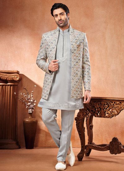 Grey and Multi Colour Embroidered Jodhpuri Suit