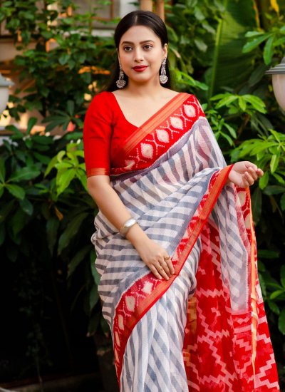 Grey and Red Color Trendy Saree