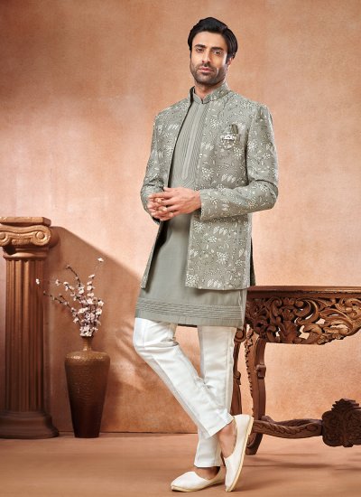 Grey Art Banarasi Silk Embroidered Jodhpuri Suit