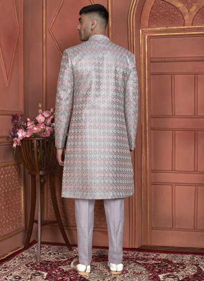 Grey Art Silk Thread Work Indo Western