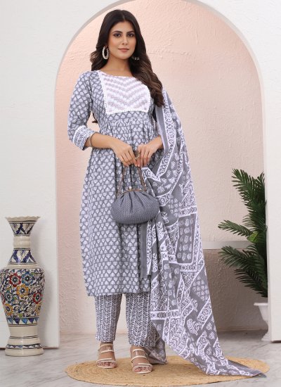 Grey Casual Cotton Readymade Salwar Suit