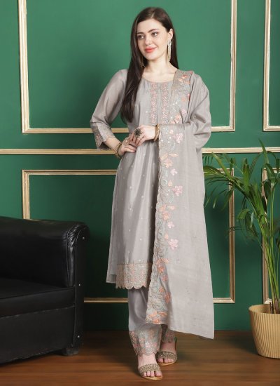 Grey Chiffon Embroidered Trendy Salwar Suit