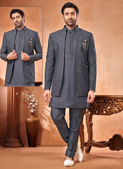 Grey Fancy Art Banarasi Silk Jodhpuri Suit