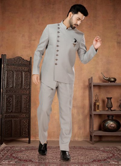 Grey Rayon Buttons Jodhpuri Suit