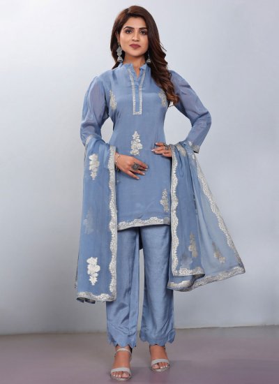 Grey Viscose Embroidered Pant Style Suit