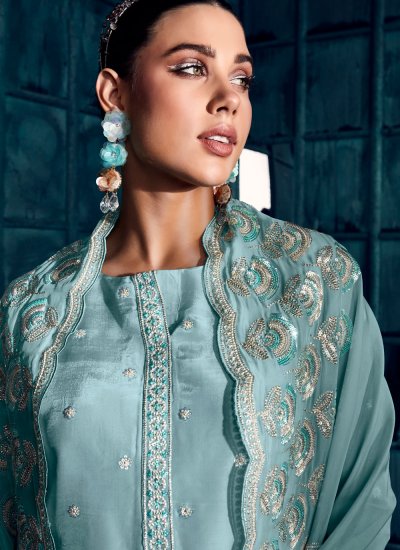 Groovy Turquoise Sequins Silk Designer Salwar Suit