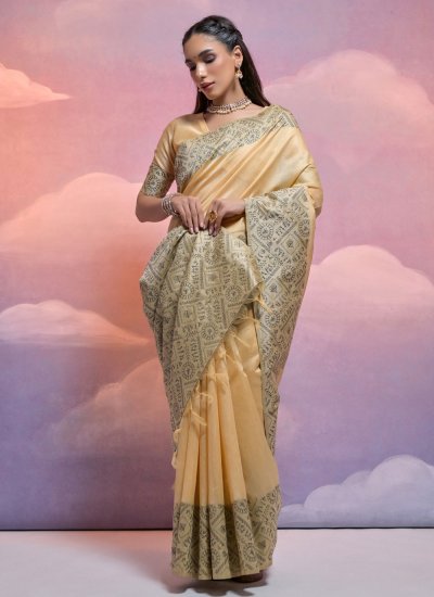 Handloom silk Designer Saree in Cream