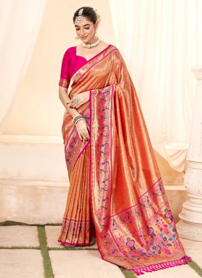 Handloom silk Jacquard Work Classic Saree in Peach
