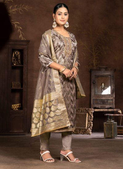 Handwork Organza Designer Salwar Suit in Brown