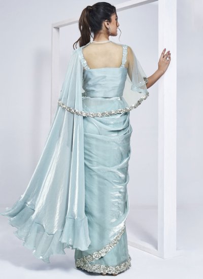Handwork Satin Silk Traditional Saree in Aqua Blue