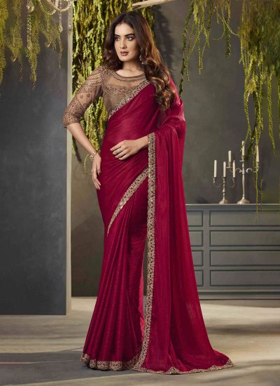 Hot Pink Party Satin Contemporary Style Saree