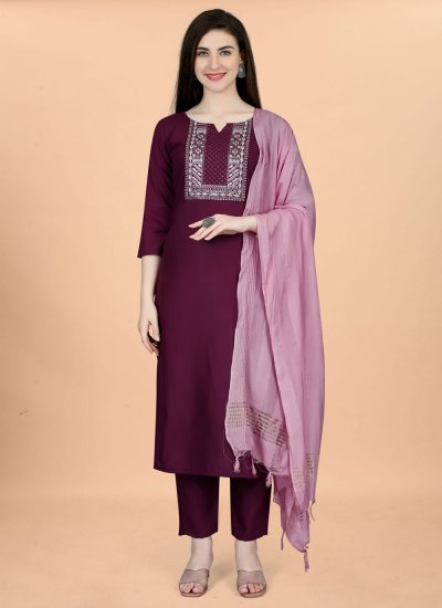 Hypnotizing Wine Embroidered Cotton Readymade Salwar Suit