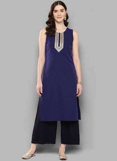 Ideal Embroidered Blended Cotton Blue Party Wear Kurti