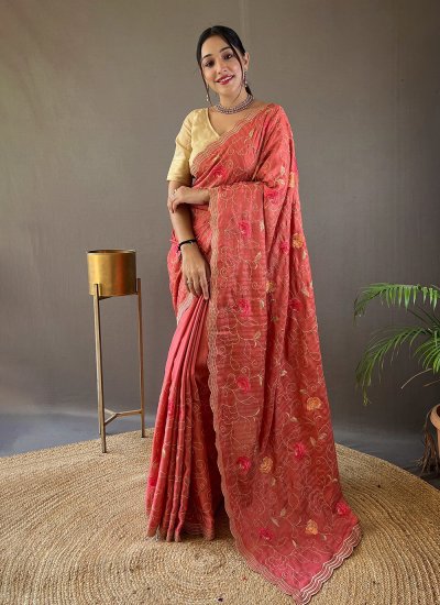 Ideal Embroidered Tussar Silk Peach Designer Traditional Saree