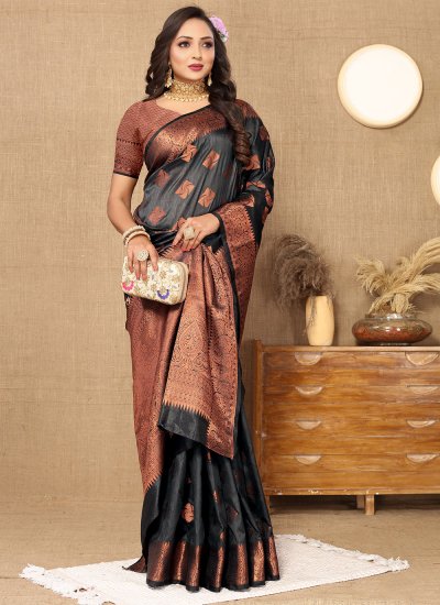Ideal Weaving Black Designer Saree