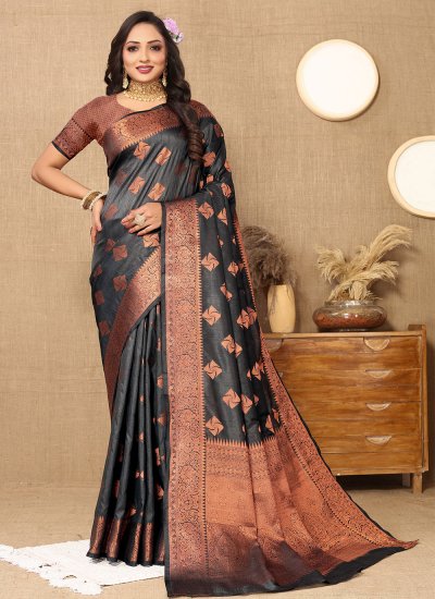 Ideal Weaving Black Designer Saree