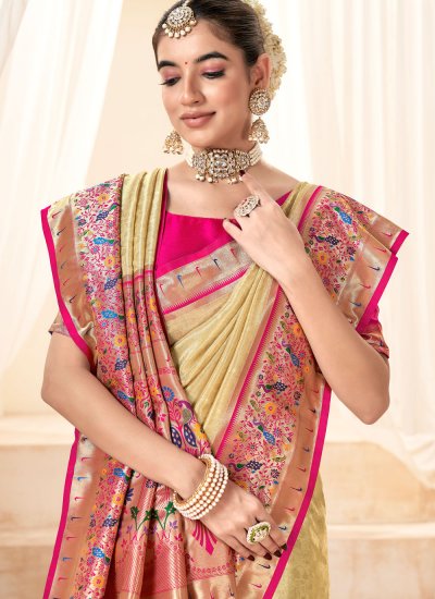 Imperial Cream Jacquard Work Handloom silk Contemporary Saree