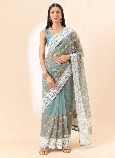 Imperial Embroidered Blue Organza Classic Saree