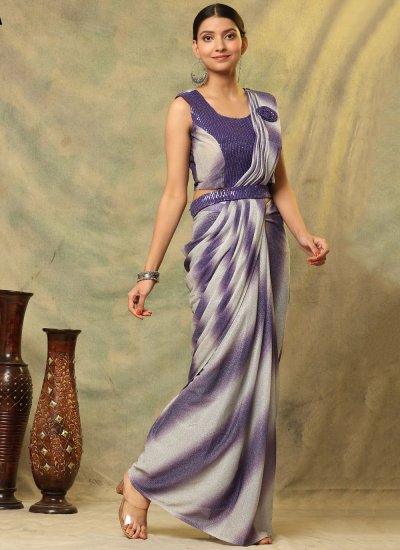 Imported Embroidered Contemporary Saree in Grey and Purple
