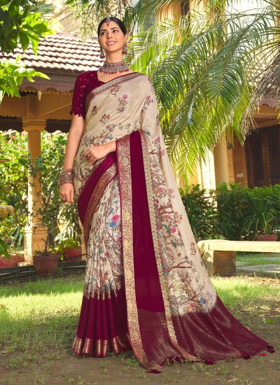 Imposing Silk Weaving Cream and Wine Contemporary Saree