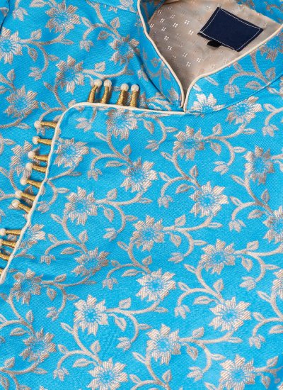 Indo Western Embroidered Jacquard Silk in Aqua Blue