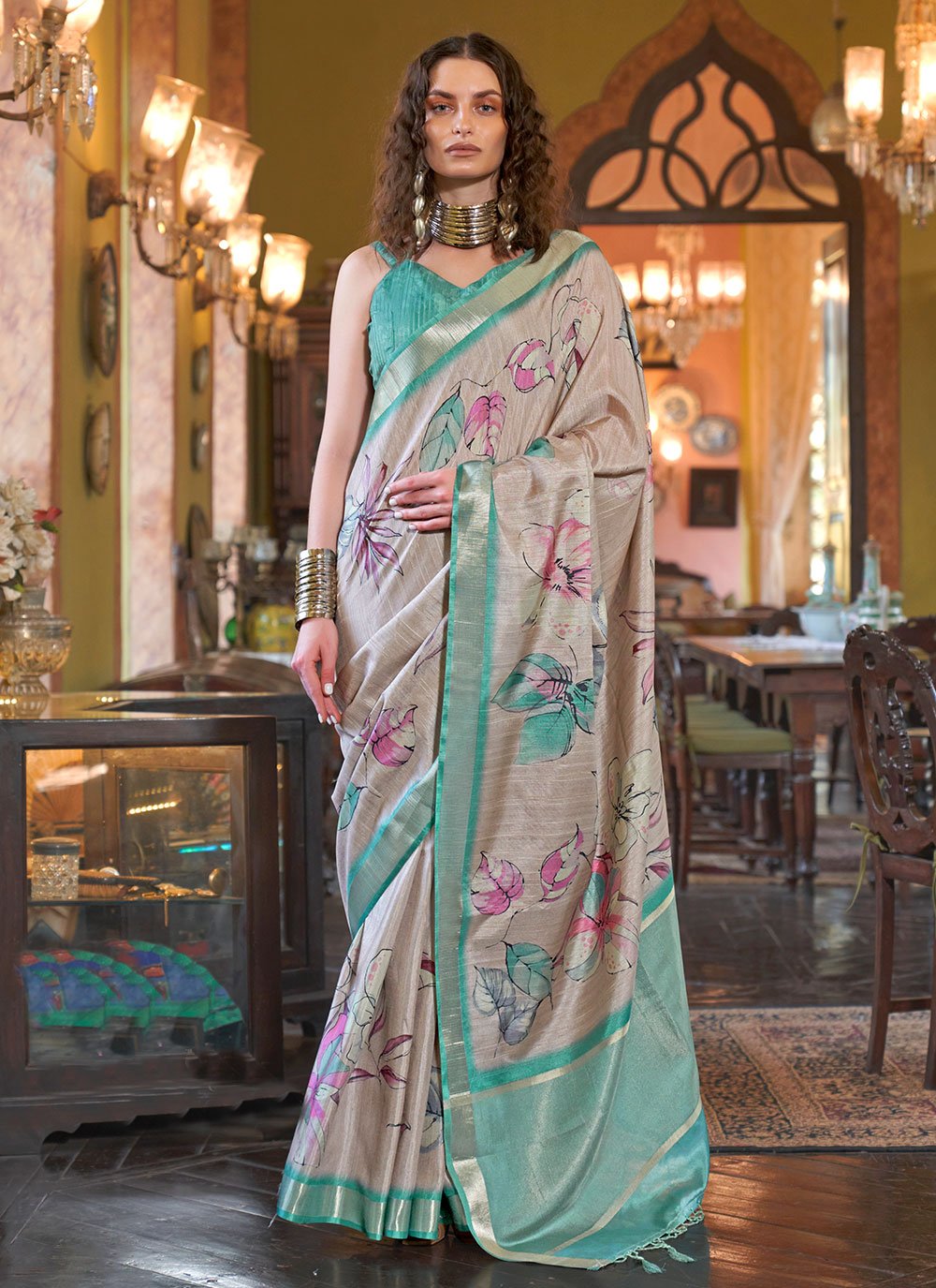 Innovative Beige and Turquoise Saree - Main Image