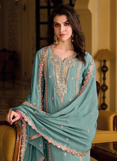 
                            Innovative Turquoise Embroidered Chinon Trendy Salwar Kameez