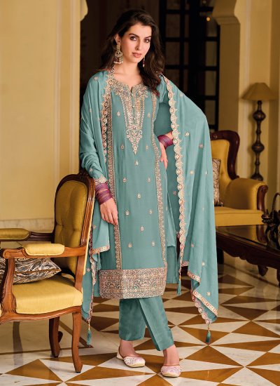 Innovative Turquoise Embroidered Chinon Trendy Salwar Kameez