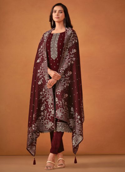 Intriguing Georgette Embroidered Maroon Trendy Salwar Kameez