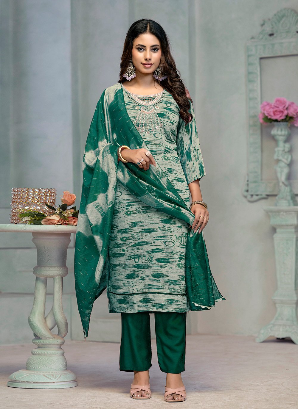 Intrinsic Green Rayon Readymade Salwar Kameez