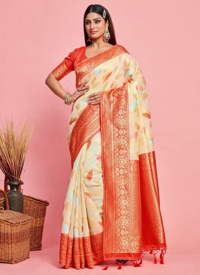 Intrinsic Weaving Silk Off White Classic Saree