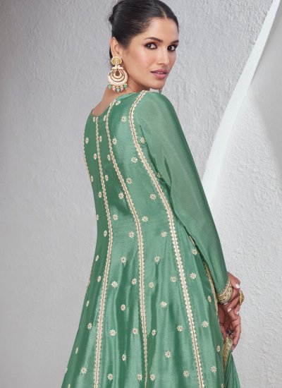 Invaluable Chinon Green Salwar Suit