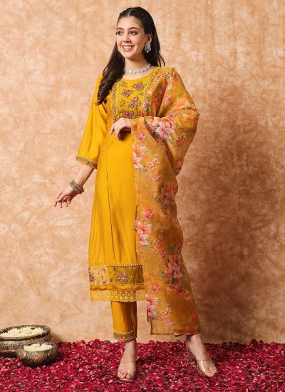 Invigorating Mustard Embroidered Trendy Salwar Suit