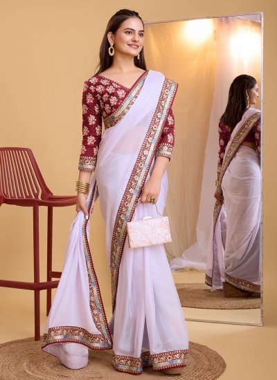 Irresistible Silk Embroidered Off White Trendy Saree
