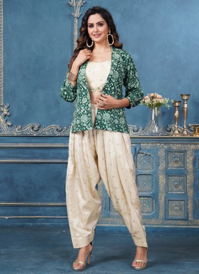 Jacket Style Salwar Suit Embroidered Tissue in Cream