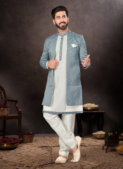 Jacquard Blue and White Fancy Indo Western