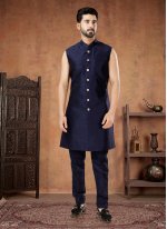 Jacquard Green and Navy Blue Embroidered Indo Western
