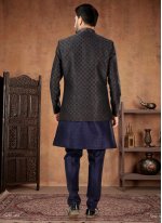 Jacquard Green and Navy Blue Embroidered Indo Western