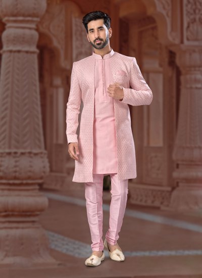 Jacquard Indo Western Sherwani in Pink