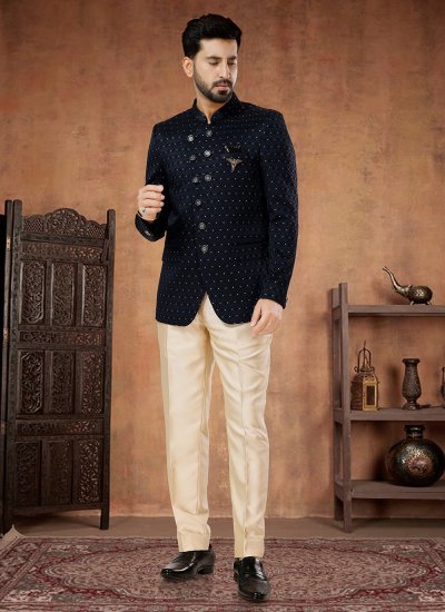 Jacquard Jodhpuri Suit in Blue