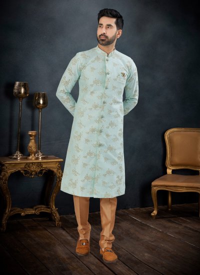 Jacquard Kurta Pyjama in Turquoise